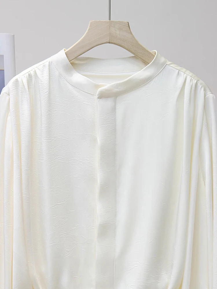 Długi, luźny top damski z satyny acetatowej, zapinany na jeden guzik, wyszczuplający, casualowy, jedwabny, idealny do pracy.