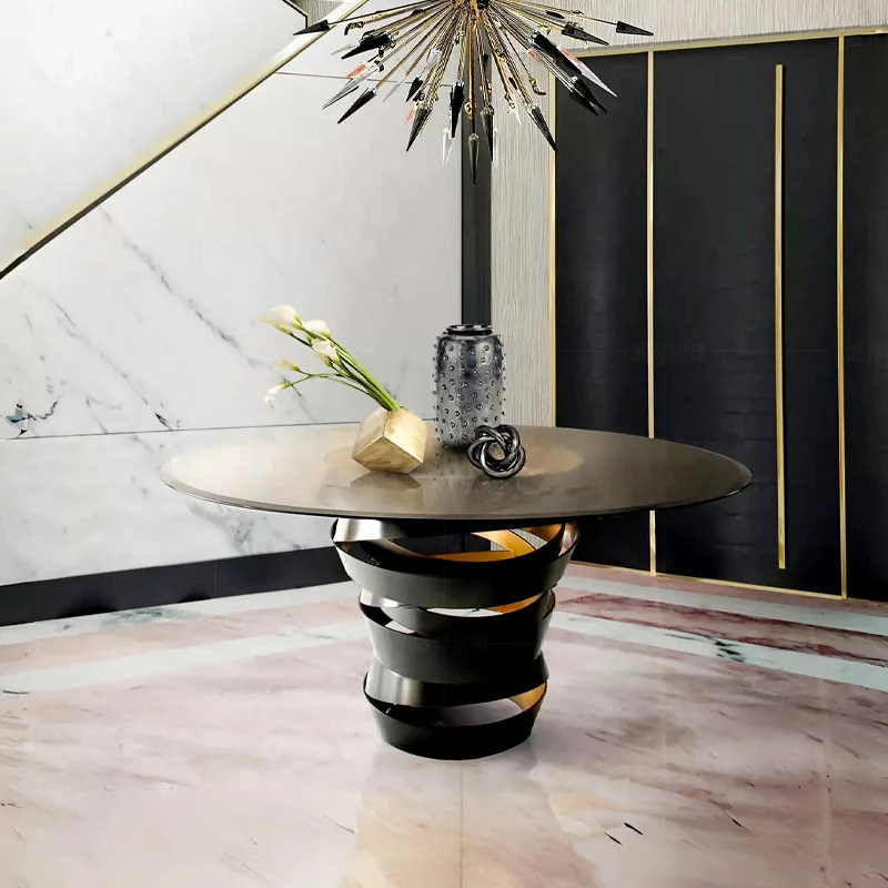 طاولة طعام زجاجية فاخرة خفيفة إيطالية مطعم منزل فيلا تصميم حديث إحساس متقدم إبداعي مستدير من الفولاذ المقاوم للصدأ #3