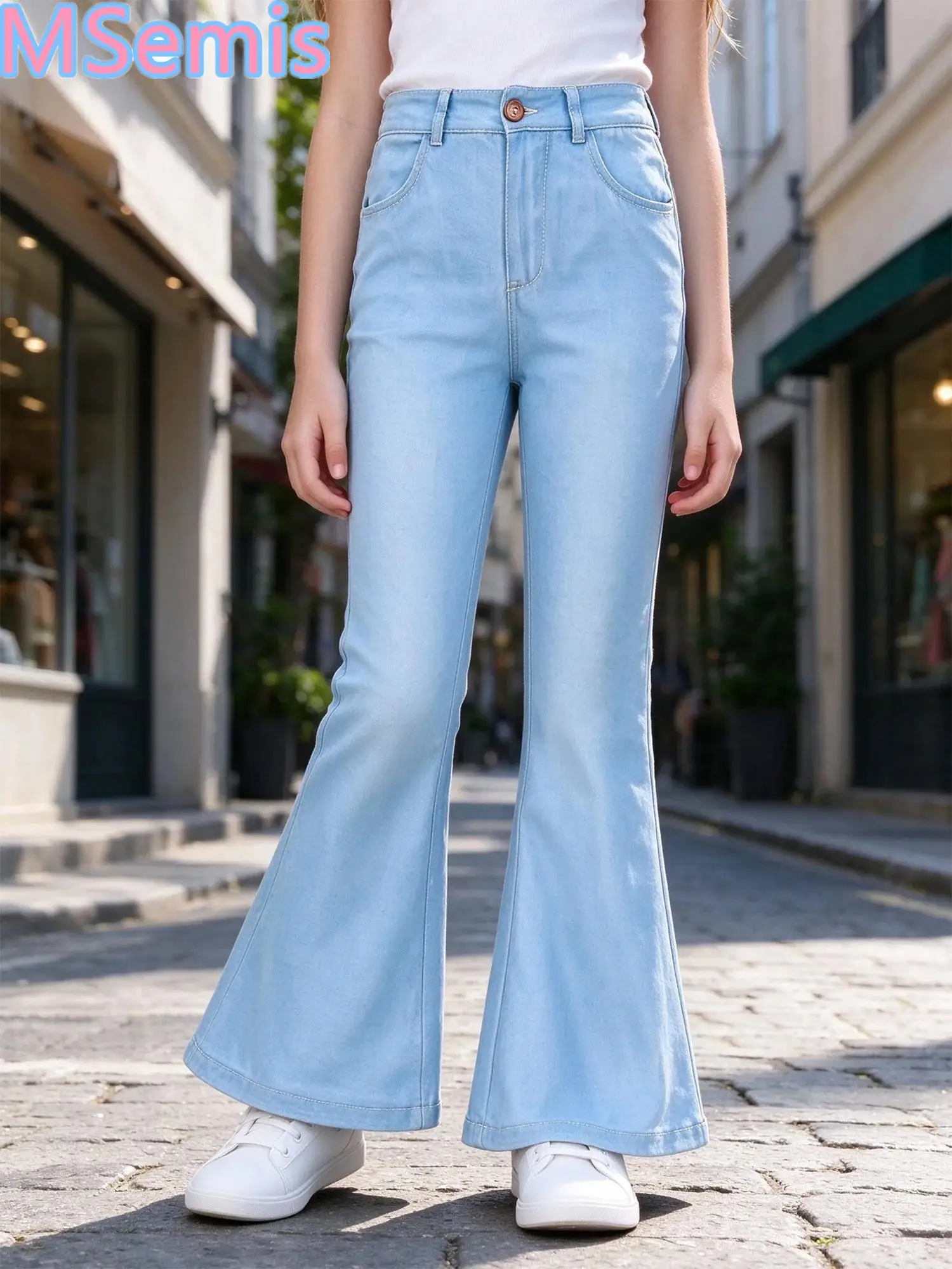 Kids Girls Fleece-lined High-waist Flared Pants Bell-bottom Pockets Trousers for Casual Daily Life School Park Family Gathering