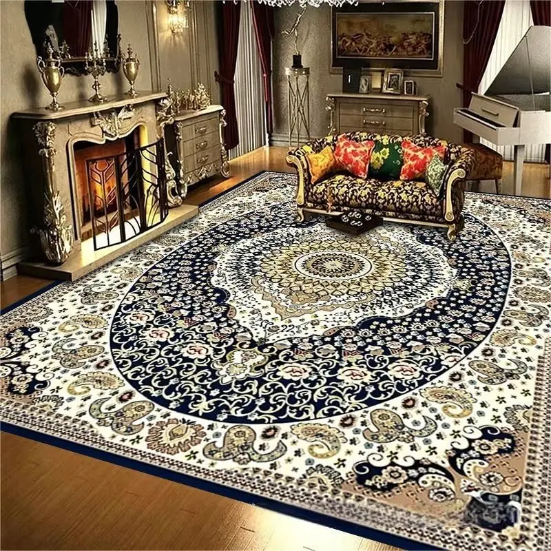 VIKAMA Persian Vintage Area Rug Oriental Medallion Pattern Non Slip Living Room Carpet Traditional Blue Gold Floor Mat Bedroom