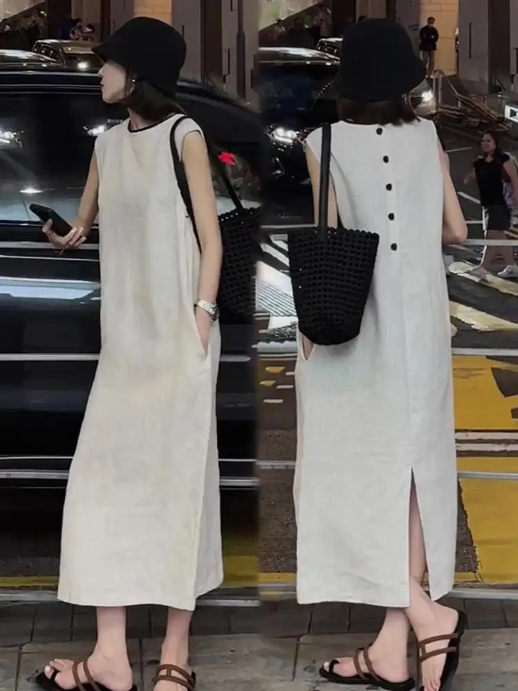 

Лето 2026: Новое модное универсальное женское платье свободного кроя с разрезом, повседневное, H-образное, с круглым вырезом, без рукавов