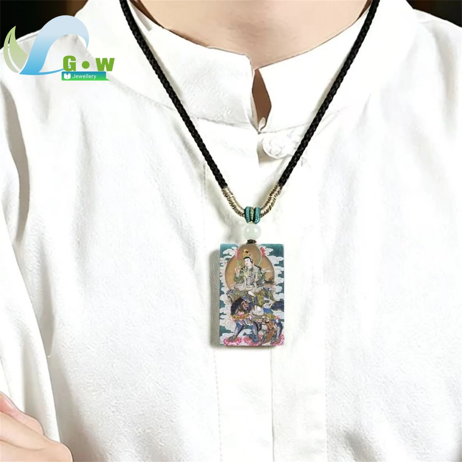Natural Grade A Jadeite Blue Water High Ice Old Material Manjushri Pendant Art Print Hanging Jade Amulet Necklace Unisex Fine