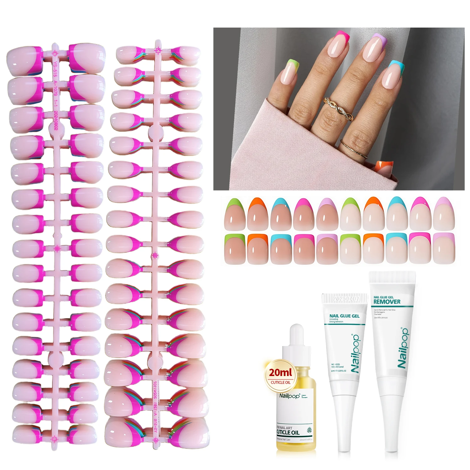

160pcs French Press on Nails Whit Nail Glue Summer 5 Colors Full Cover False Nails 16 Sizes Reusable For HomeNail Art DIY Use