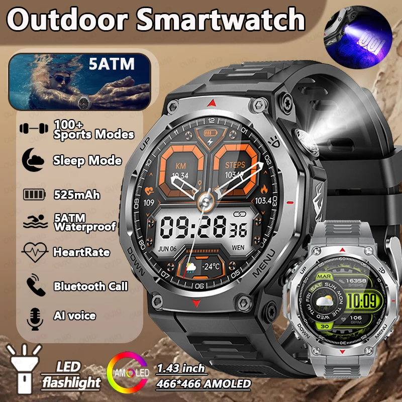 

Новинка 2025 года, мощный фонарик/УФ-светильник, умные часы, 5 АТМ, водонепроницаемые, 1,43 дюйма, AMOLED, 100 + спортивные режимы, BT Call, уличные умные часы