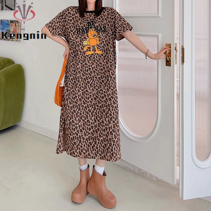 2023 Spring Summer Loose Plus Size Women's Dress Print Leopard Short Sleeve Lady Casual T-Shirts Female Robe Vestidos KE3284