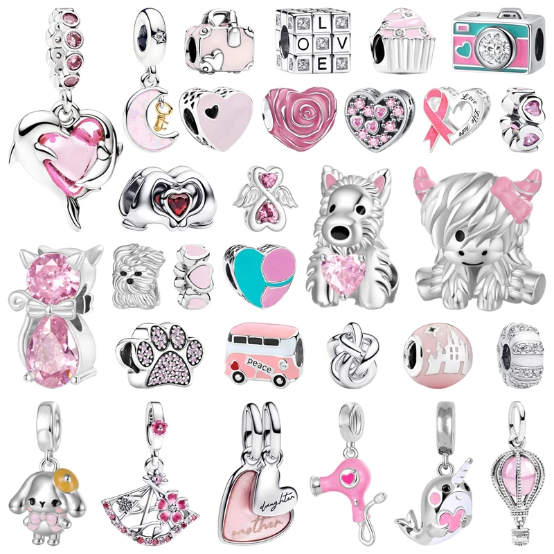 

New DIY Women Jewelry Gifts Pink Series Charms Highland Cow Cupcake Travel Bag Stones & Enamel Clip Beads Fit Original Bracelets