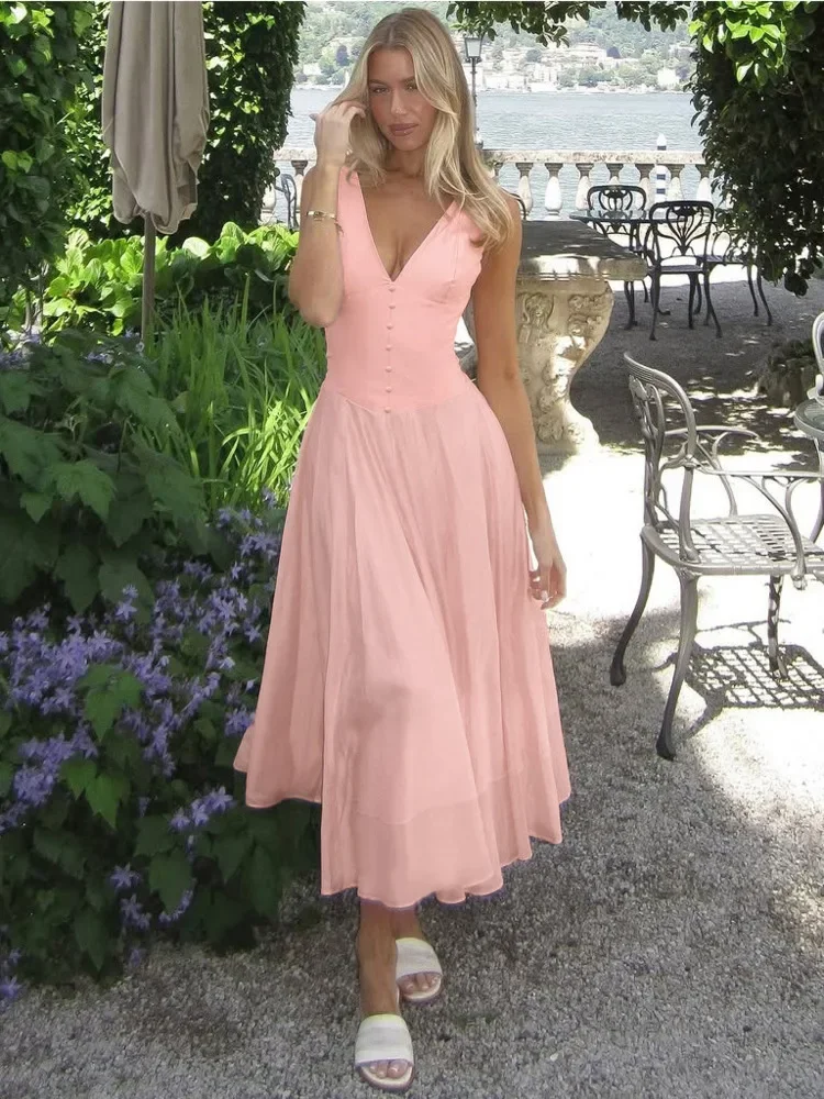 XIAOTANG สีชมพู V คอ Backless เซ็กซี่ Maxi ชุดผู้หญิงชุดแฟชั่นแขนกุด A-Line จีบ Club Party ชุดยาว