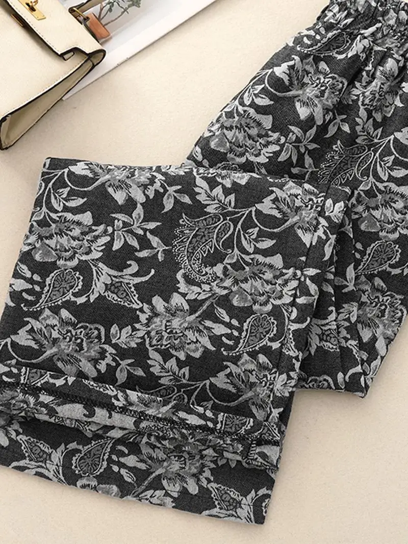 Pantalones de pierna recta de cintura alta, pantalones largos de pierna ancha bordados étnicos para mujer de talla grande, corte cómodo informal