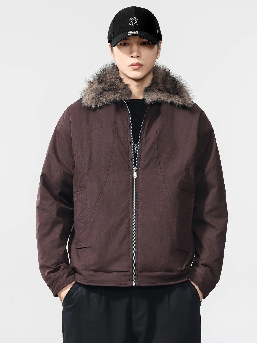 

American Retro Detachable Fur Collar Thiened Warm Cotton Jaet Men's Winter Coat Polyester Fiber Long Sve Zipper Cl...