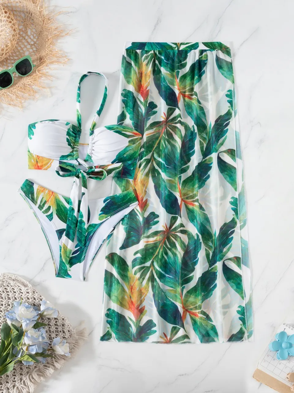 Sexy 3 Pieces Halter Bikinis 2025 Bandage Swimsuit & Beach Dress Swimwear Women Bathers Bathing Swimming Suit Beachwear Summer