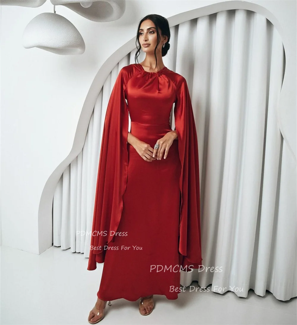 Elegant Arabic Red Satin Prom Dresses Cape Sleeves Sheath Dubai Formal Evening Dress for Women Event Prom Gowns Robe De Soirée