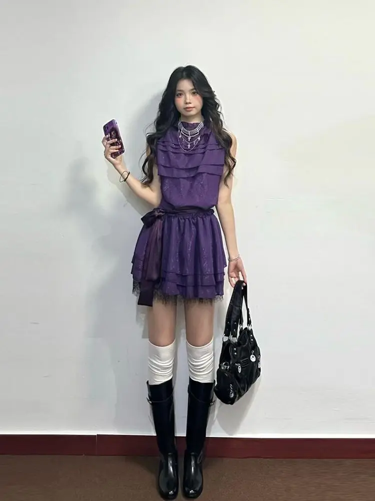 

Ladies Two Piece Set Outfits New Summer Hot Girl Style High-end Designed Niche Purple Halter Neck Sleeveless Top and Skirt