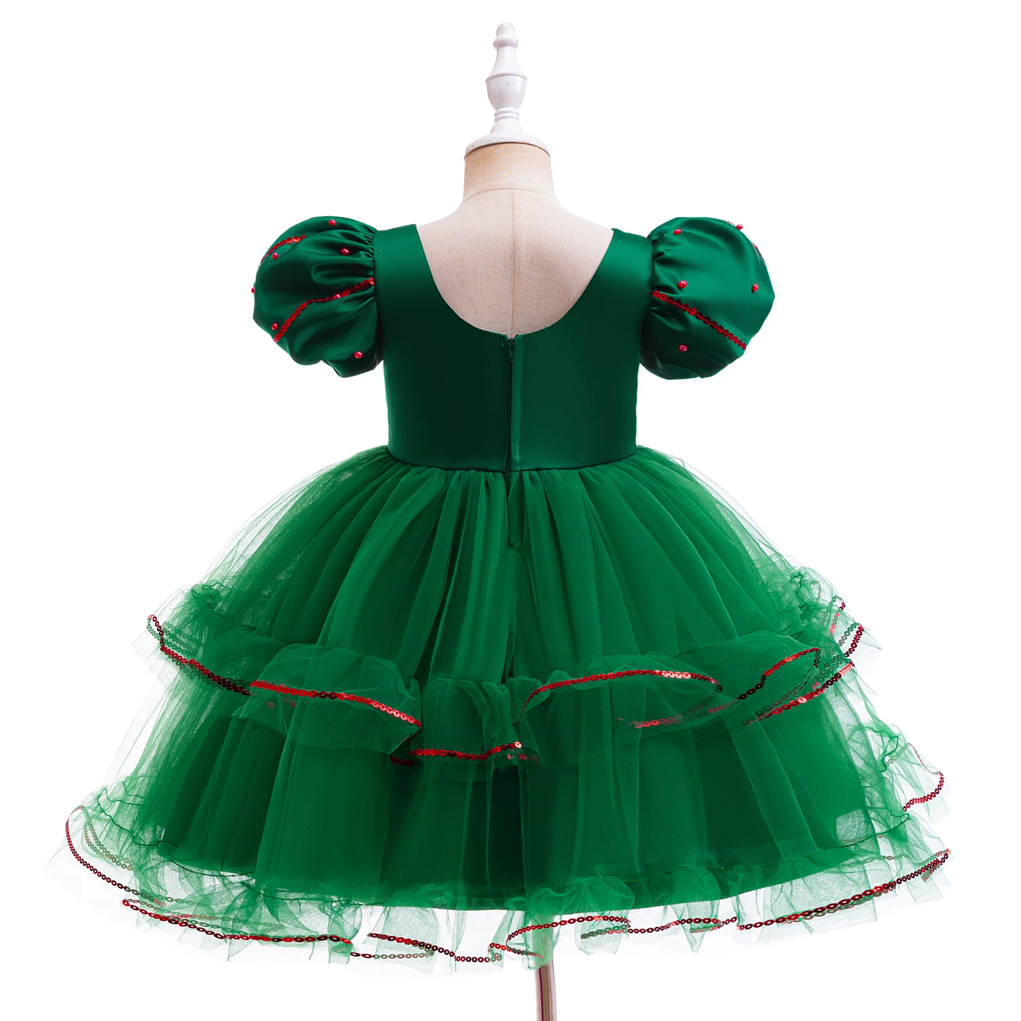 Fluffy Christmas Sequin Girls Party Dresses Short Sleeve Green Wedding Birthday Princess Dress for Girl Bridemaid Prom Costumes