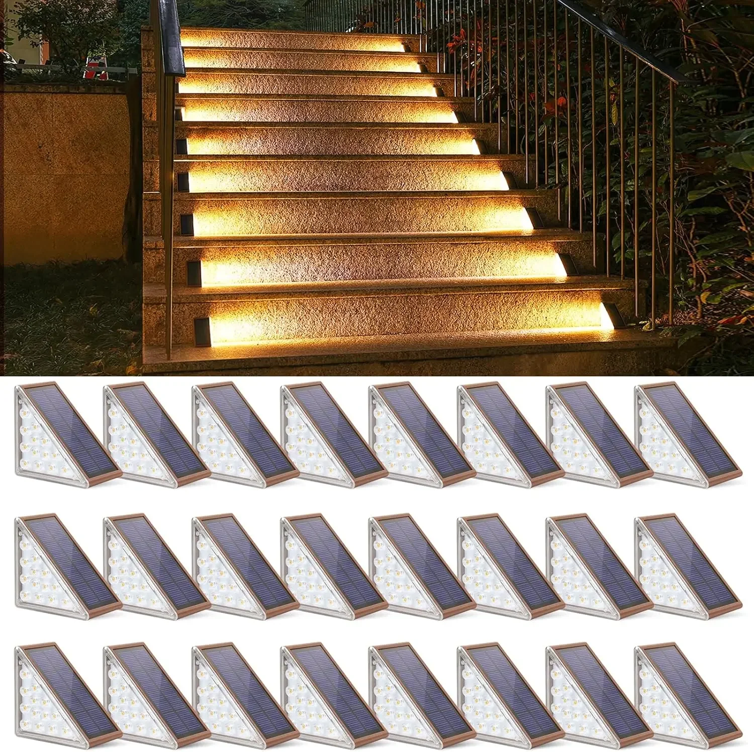 Outdoor Stair Lights 24 Pack, Solar Step Lights IP67 Waterproof with 13 Bright LEDs, 3000K Warm White, Auto On/Off, Triangular D