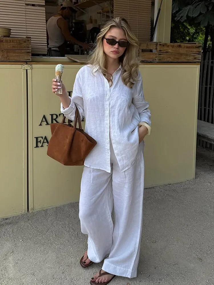 

Fashion Breathable Cotton Linen Women's Two Piece Set Casual Long Sleeve Shirt Elastic Waist Pant Suit New Versatile Lady Outfit