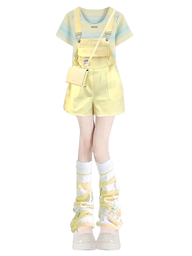 Completo estivo da donna, top ort Sve e simpatica tuta gialla dopane, set da due pezzi, abbigliamento in fibra di poliestere