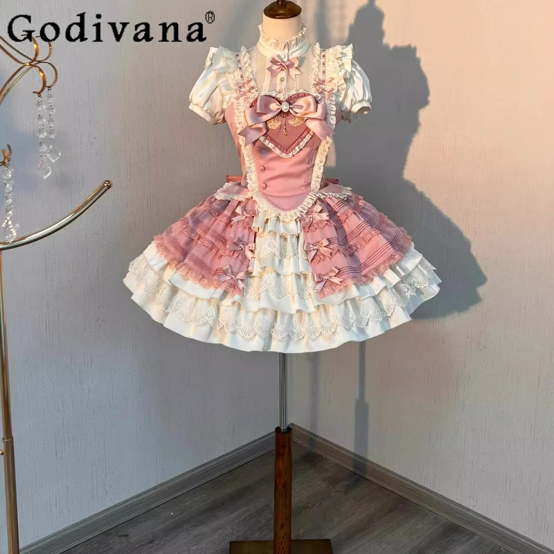 Women's Pink Princess Skirt Set Lolita Cute Sweet Girl Bra Shirt Lolita Lace Skirt Suits Female Japanese Style Bow Outfits