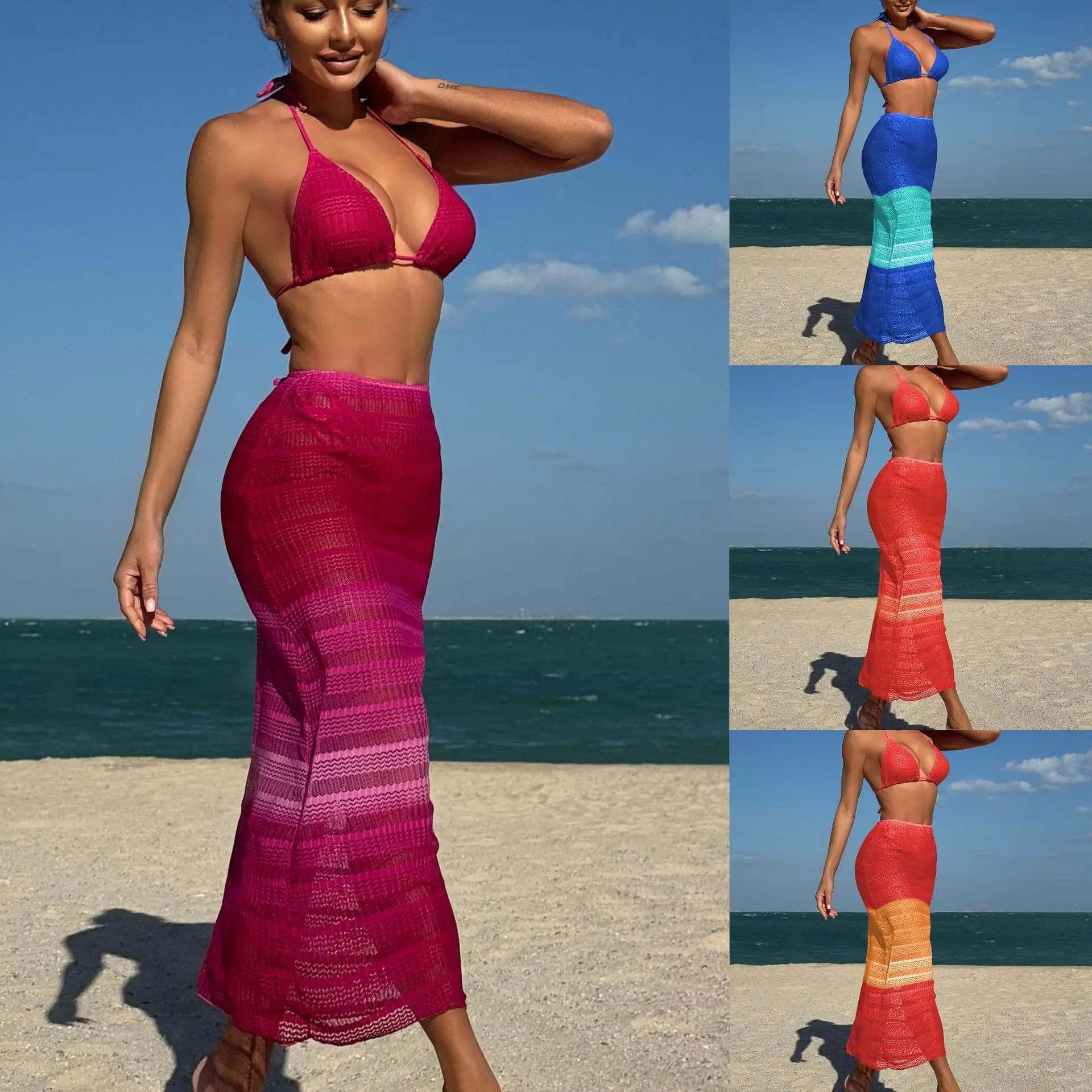 New Gradual Change Mesh Three-piece Beach Dress Sexy Bikini