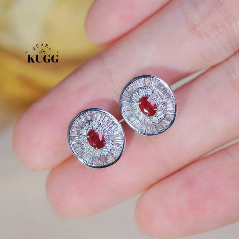 KUGG 100% 18K White Gold Earrings Classic Elegant Design Luxury Diamond Natural Ruby Stud Earrings for Women High Party Jewelry