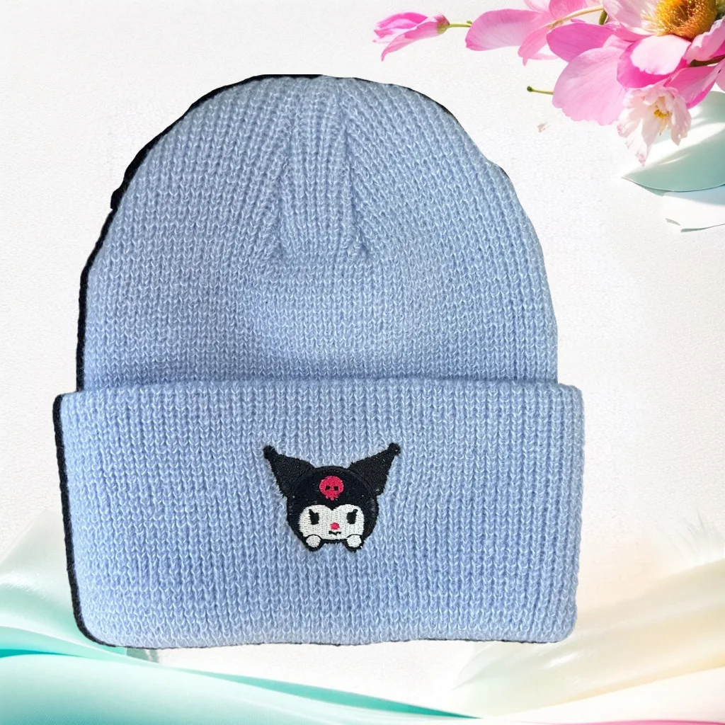 Kawaii Sanrio Kuromi czapki z dzianiny kreskówka haftowana czapka śliczna ciepła rozciągliwa czapka dla dorosłych dzieci czapki na zewnątrz prezent