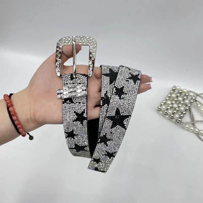 Personalized spicy girl belt,trendy American style full diamond pentagram soft leather belt with jeans and skirt gothic Y2k belt