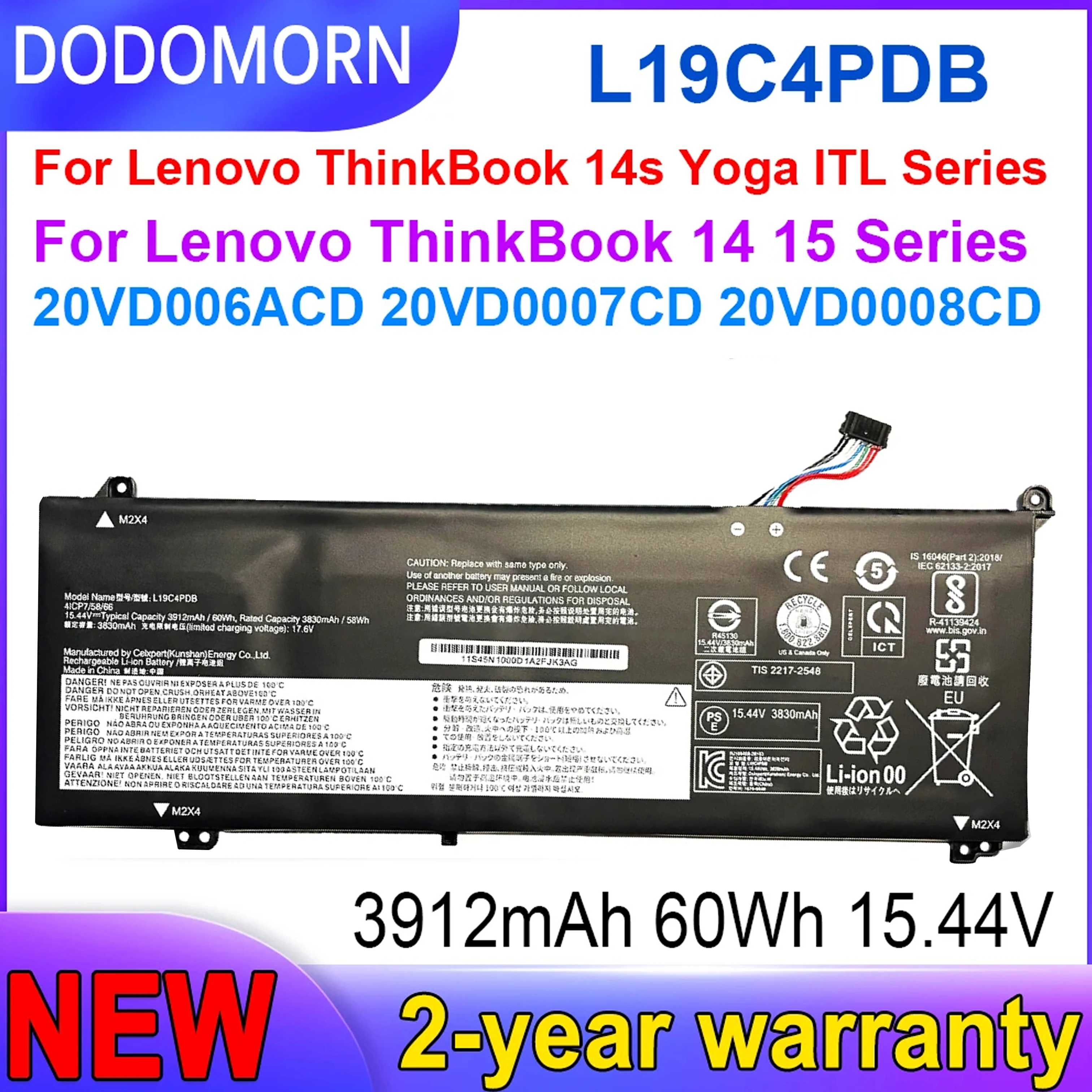 

DODOMORN New L19C4PDB Laptop Battery For Lenovo ThinkBook 14s Yoga lTL Series 20VD006ACD 20VD0007CD 20VD0008CD 15.44V