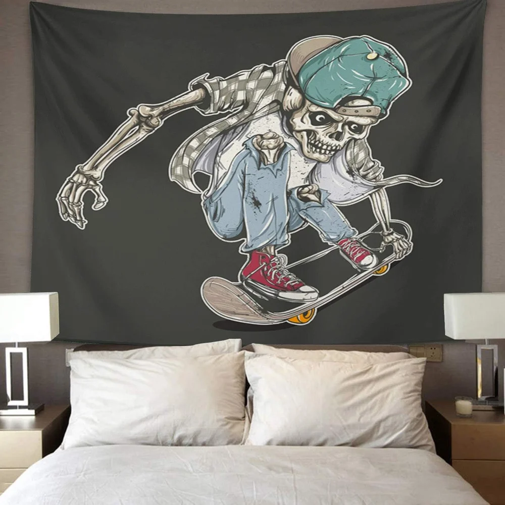VIKAMA Skateboarding Skeleton Tapestry, American Street Graffiti Wall Art for Bedroom Decor