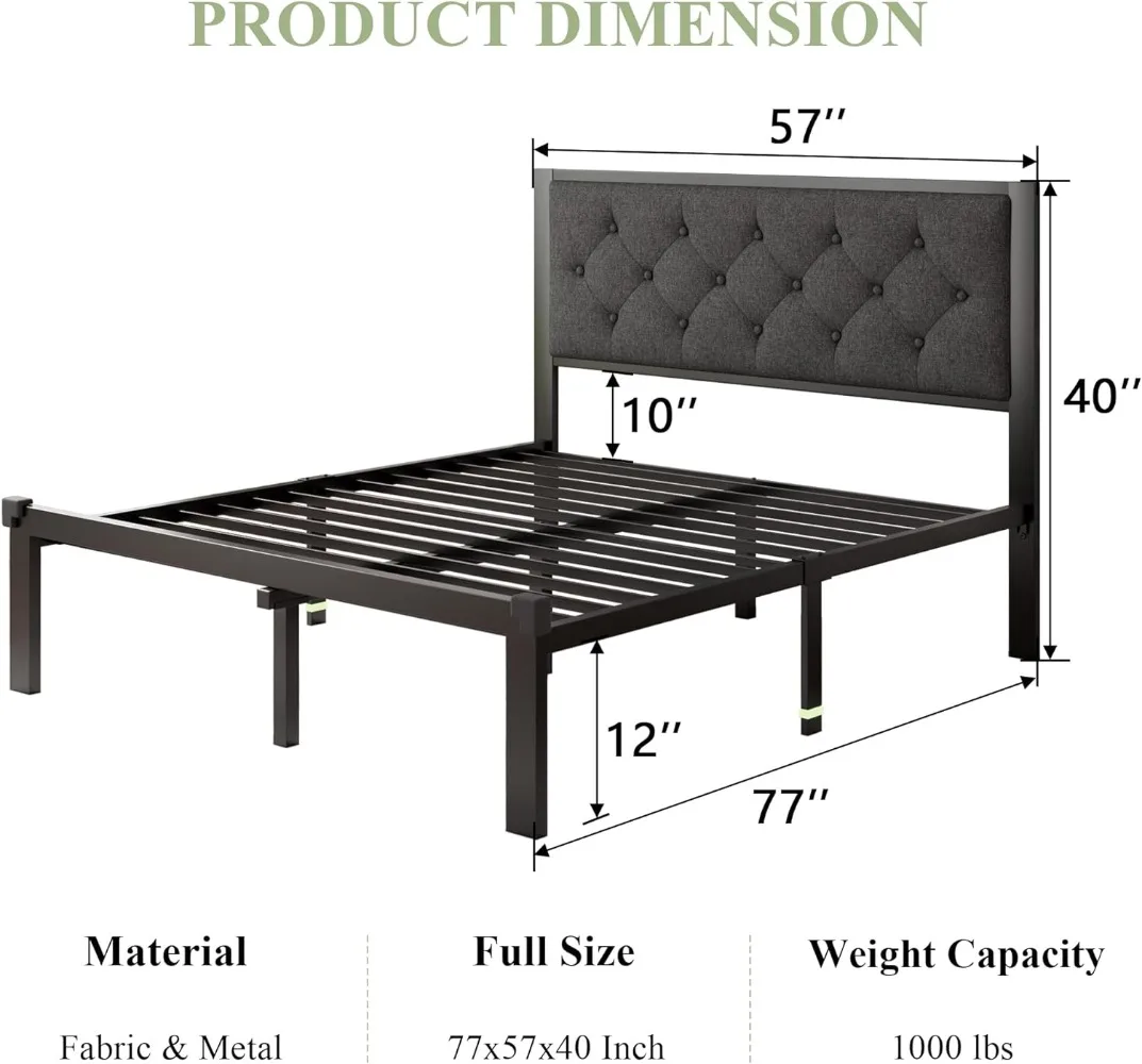 Feonase Metal Bed Frame, Heavy-Duty Platform Bed Frame with Linen Upholstered Headboard, 12