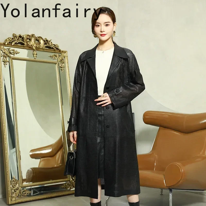 YOLANFAIRY سترة جلدية حقيقية النساء الملابس جلد الغنم خندق معطف موضة السيدات حزام سترة واقية متوسطة الإناث سترة جلدية