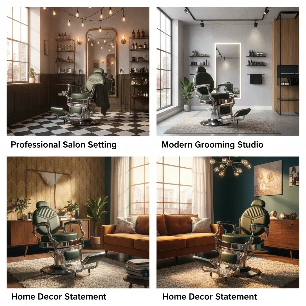 Keyunshi Green & Chrome Vintage Barber Chair, Luxury Leather Salon Chair with Ornate Footrest for Men's Grooming Salons