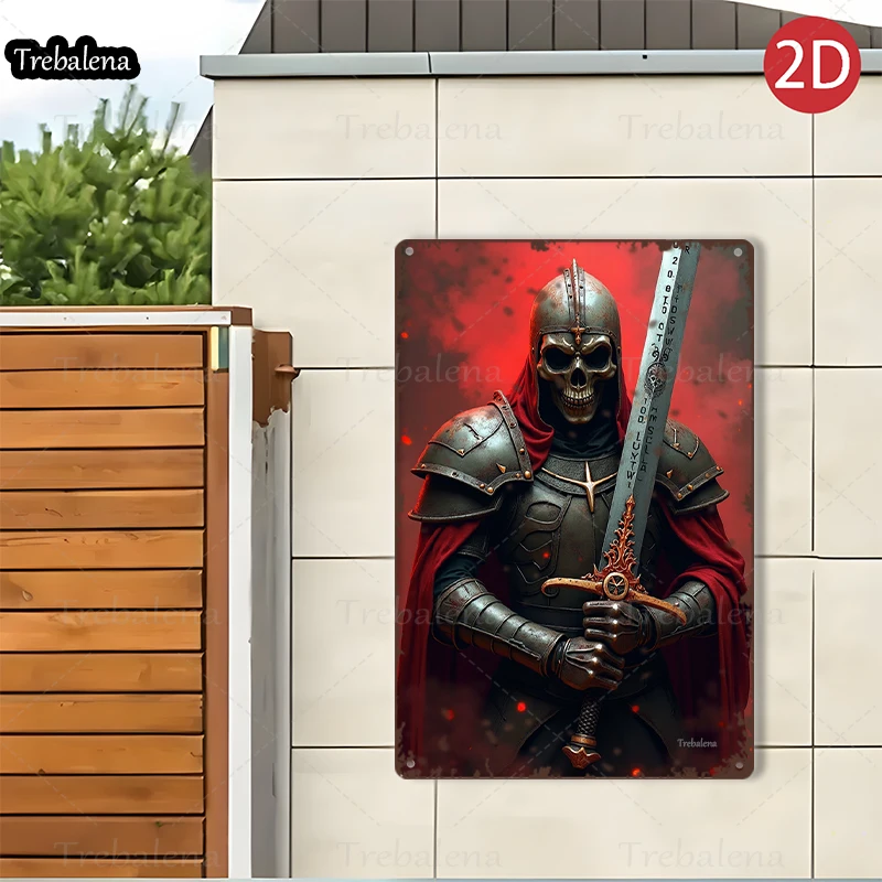 1 peça 2d plano 8*12 polegadas sinal de metal crânio cavaleiro com espada guerreiro medieval decoração de arte
