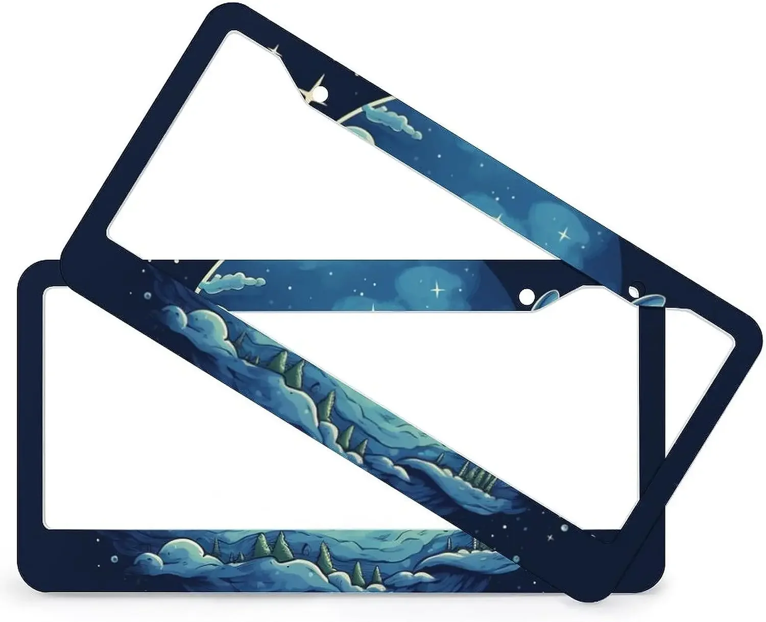 2 PCS Blue Whale Dream Cartoon Sleeping Moon License Plate Starry Sky Watercolor Animal Sea Theme Car Tags Frames 2 Hole for US