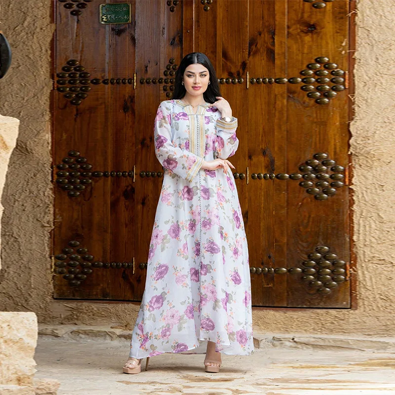 

Middle East Muslim New Fashion Women's Loose Printed Casual Trendy Long Sleeve Elegant Ankle Length Dresses Female Clothes Abaya