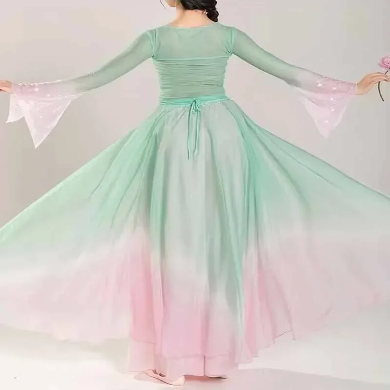 Trajes de desempenho de dançarina clássica chiffon prática roupas de dança corpo longo exterior verde rosa estilo chinês vestido de dança folclórica