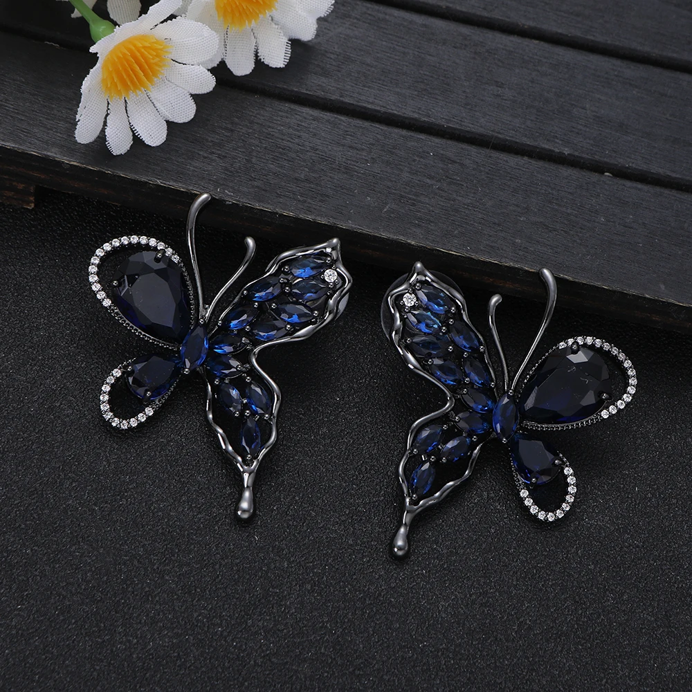 

1 пара металлических темно-синих серег-бабочек с кристаллами для элегантной гала-моды, женские ювелирные изделия, подарок на годовщину