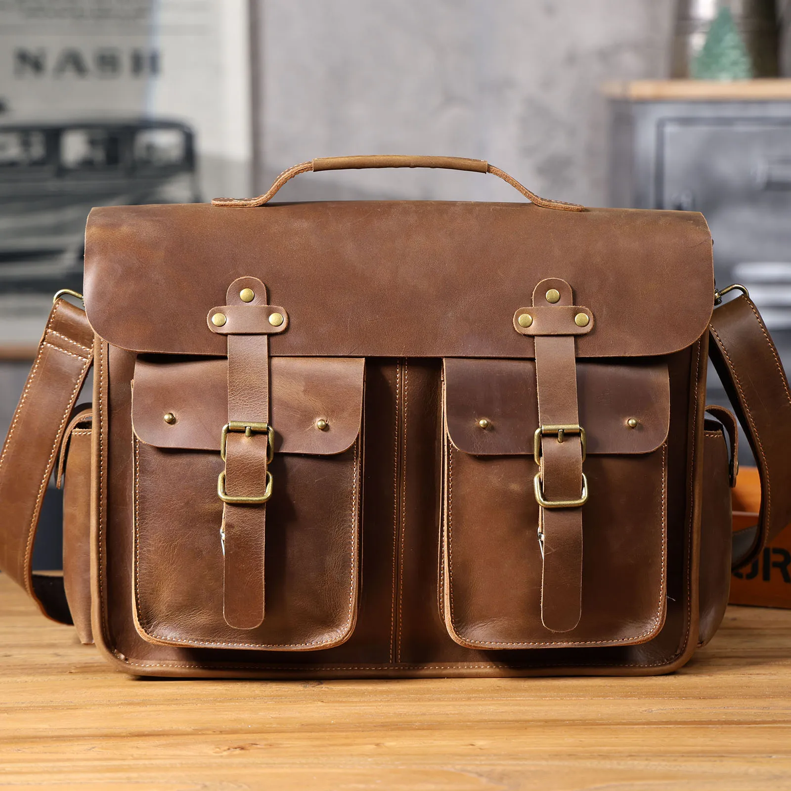 S.WORKER Vintage Echtleder Herren-Aktentasche 16" Laptop-Tasche Crazy Horse Leder Messenger-Handtasche Rindsleder Geschenkidee für Männer – Detail 25