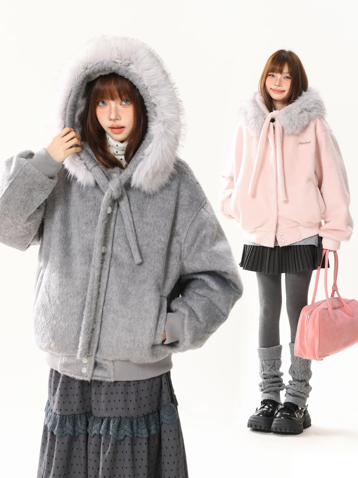 

AONW American Retro Suede Detachable Fur Collar Hooded Jaet Women Loose College Sle Warm Cotton Coat Long Sve Single B...