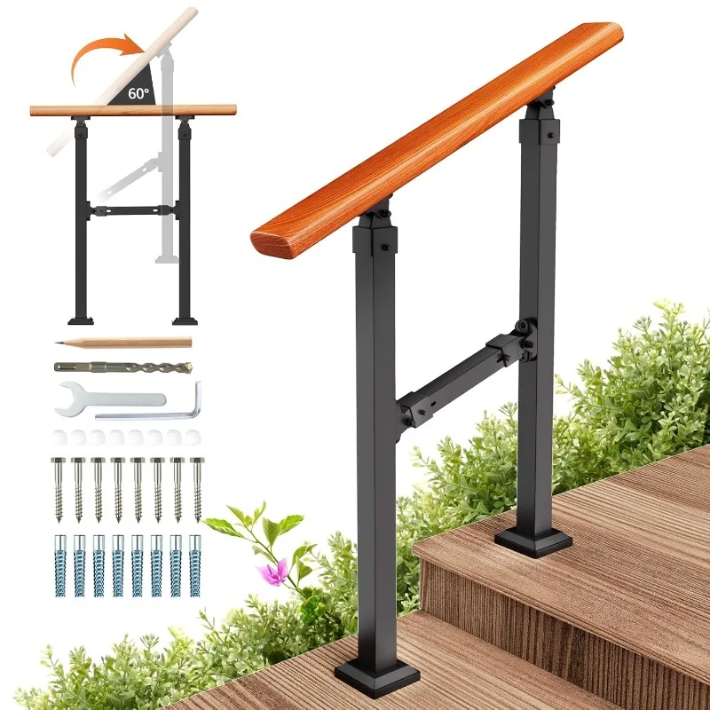 Hand Rails for Outdoor Steps, Iron Wood-Grain  Stair Railing Indoor, Adjustable Exterior Hand Rails Kit for Concrete Steps,