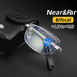Portable Metal Anti-Blue Light Bifocal Eyewear Folding Reading Glasses Men Parent Presbyopia Diopter Glasses with Leather Case