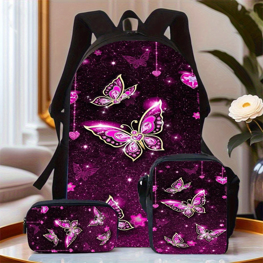 

3pcs / Backpack Set with Butterfly Applique & Print - Adjustable Laptop Compartment Bookbags, Lightweight Durable Polyester Lini