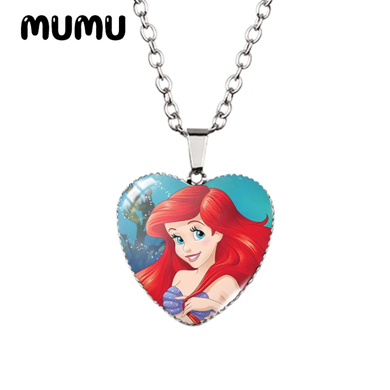 2024 New The Little Mermaid Heart Necklace Glass Printed Photo Pendant Handmade Jewelry Gifts Children