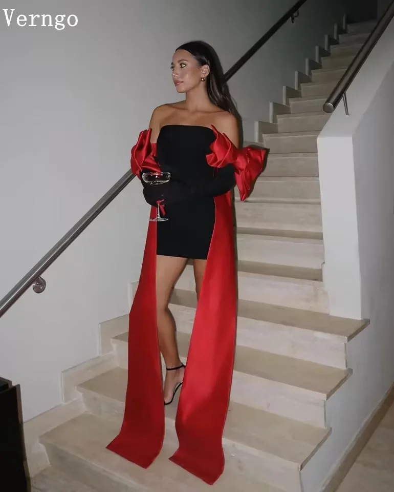Verngo Red Bow Sleeves Mini Party Dress Strapless Slim Birthday Party Gowns Celebrity Princess Formal Dress Customized