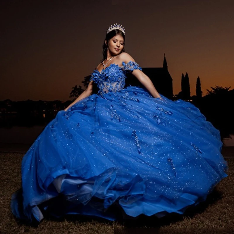 

Royal Blue Shiny Quinceanera Dresses Off Should Applique Beads Tulle Ball Gown Party Birthday Sweet 16 Dress customized Vestido