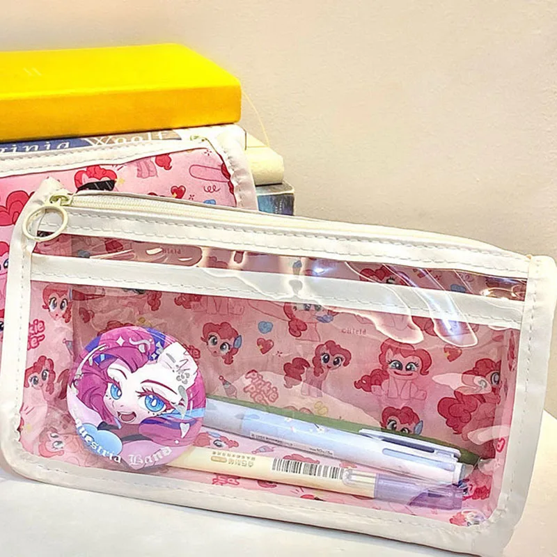 Anime My Little Horse Stationery Bag Cute Cartoon Girl Heart Pink Pony Print Transparent PVC Student Pen Storage Bag Girls Gifts