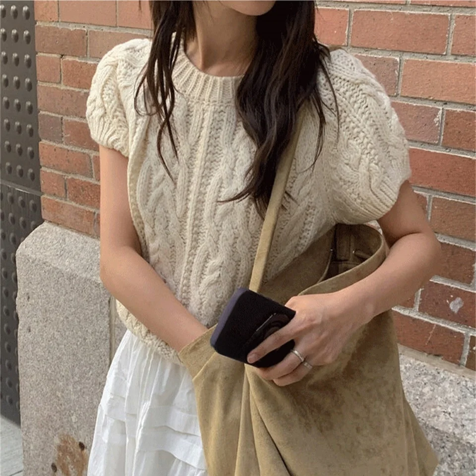 2026 Summer New Style Korean Heavy Work Knitted Sweater Short Sleeve round Neck Overhead Top Pure Color Twist Yarn Sweater
