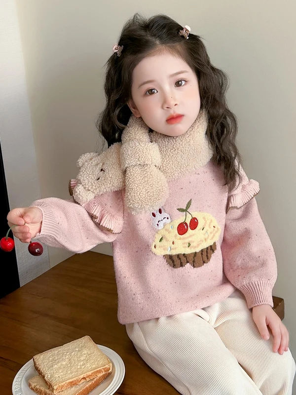 

Зимний свитер Thi для девочек, милый длинный све с рюшами, сладкая вишня, топ из пряжи, детская одежда, прямая трубка, сладкий сле