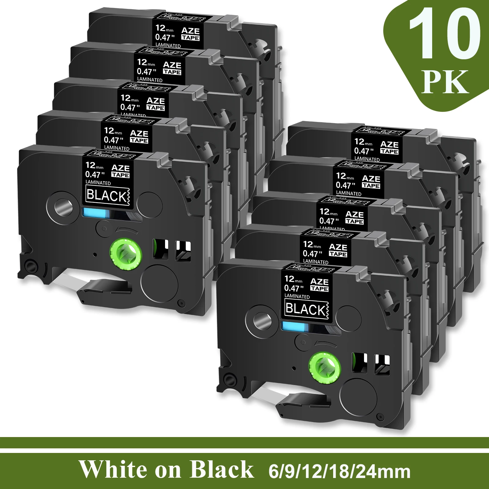 10PK White on Black Label Tape Compatible for Brother TZ TZE-335 P-Touch Label Printers 6/9/12/18/24mm Standard Laminated Ribbon