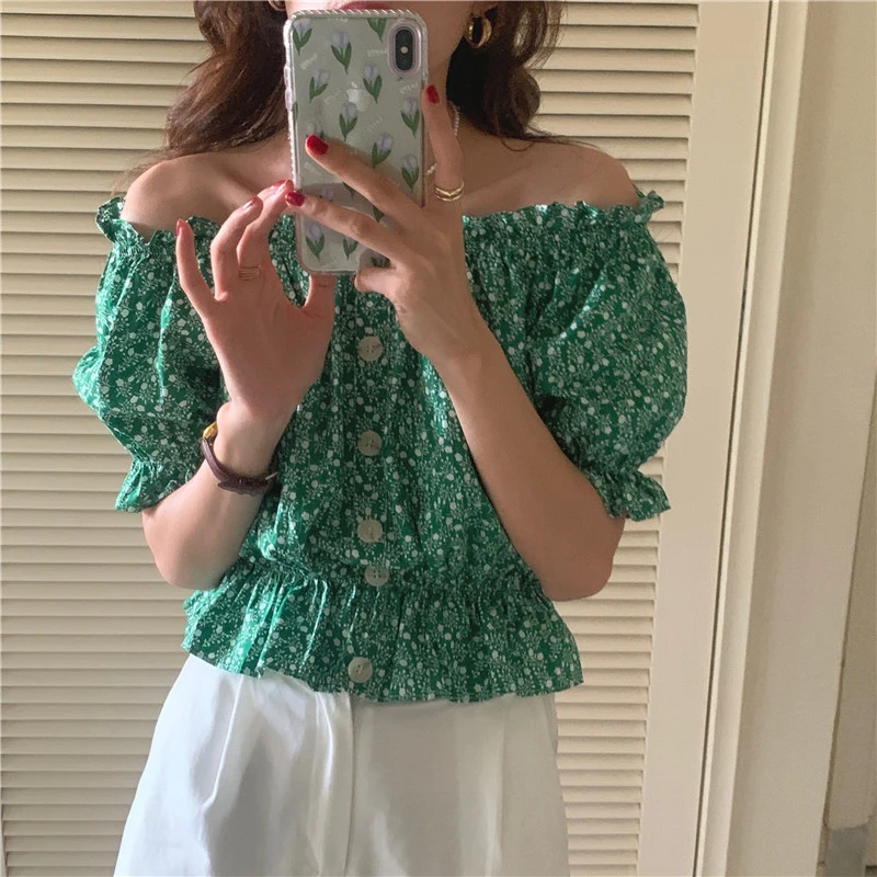 Chic Summer Ele Floral Print One-oulder ort irt Women's Design Sensation Bubble Sve Faionable Top Korean Sle...