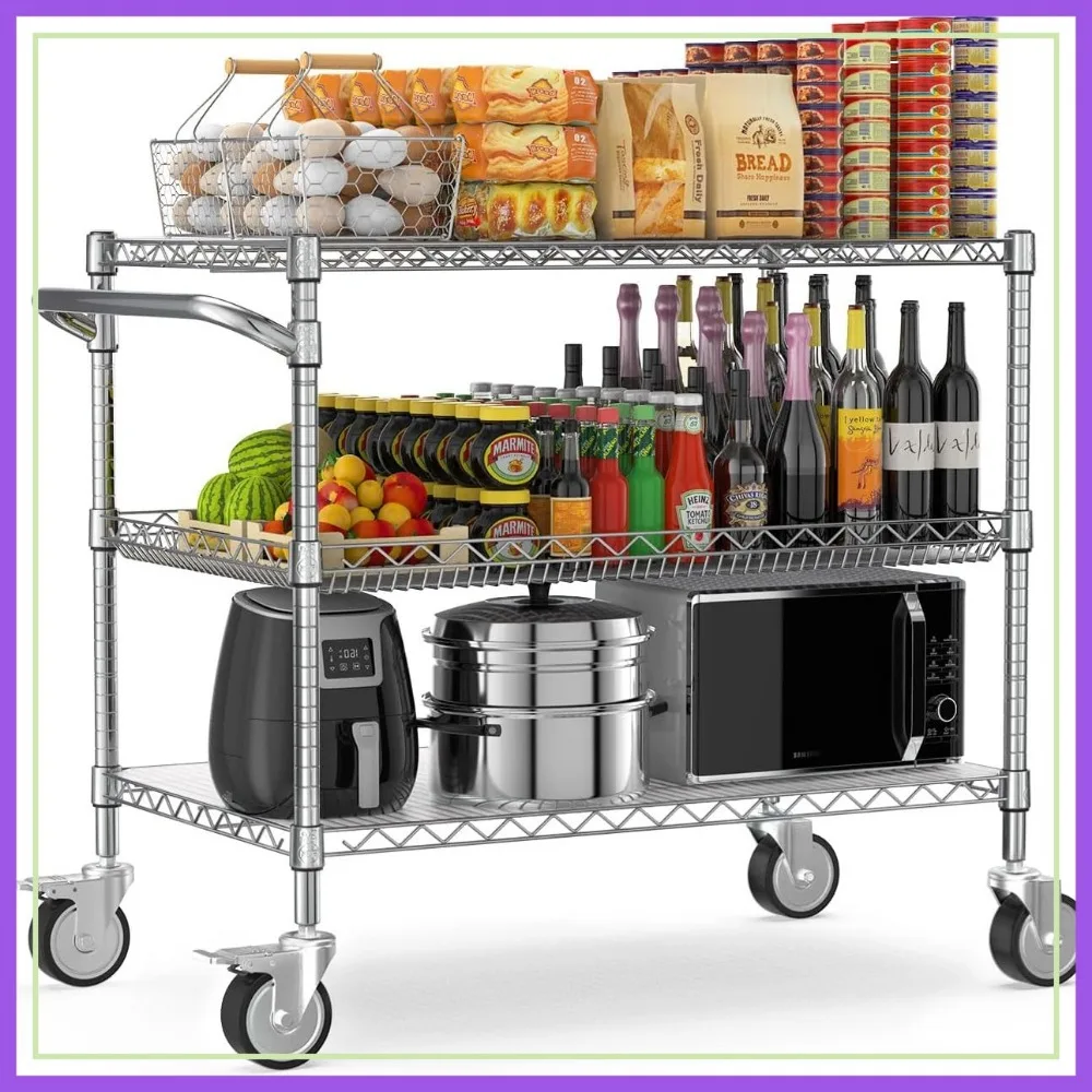 

Heavy Duty Rolling Utility Cart, 45 Inch Kitchen Cart with Wheels, 1120LBS Capacity, 3-Tier Adjustable Shelves, Chrome