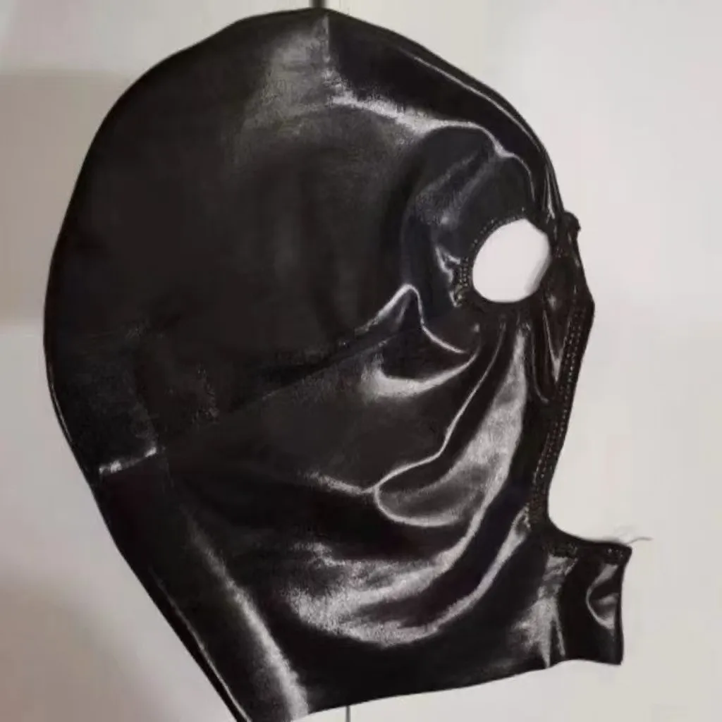 Men Women Black PU Leather Full Head Hood Mask Open Eyes Mouth Design Gothic Costume Accessory Themed Party Halloween Cosplay image 3